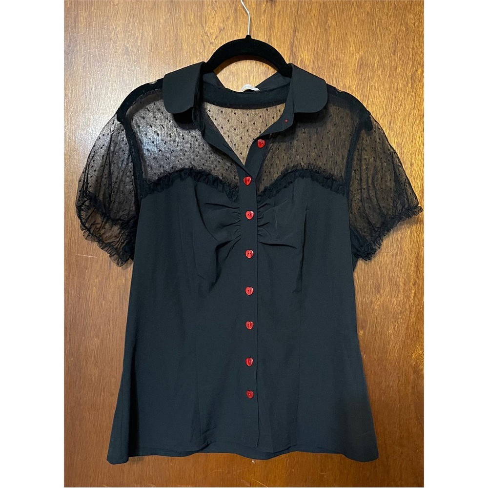 Rockabilly Style Heart Button Down Shirt with Mesh Detail Sleeves 1950 Retro